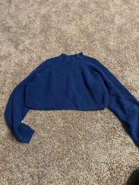 Cropped Royal Blue Ribbed Knit Sweater